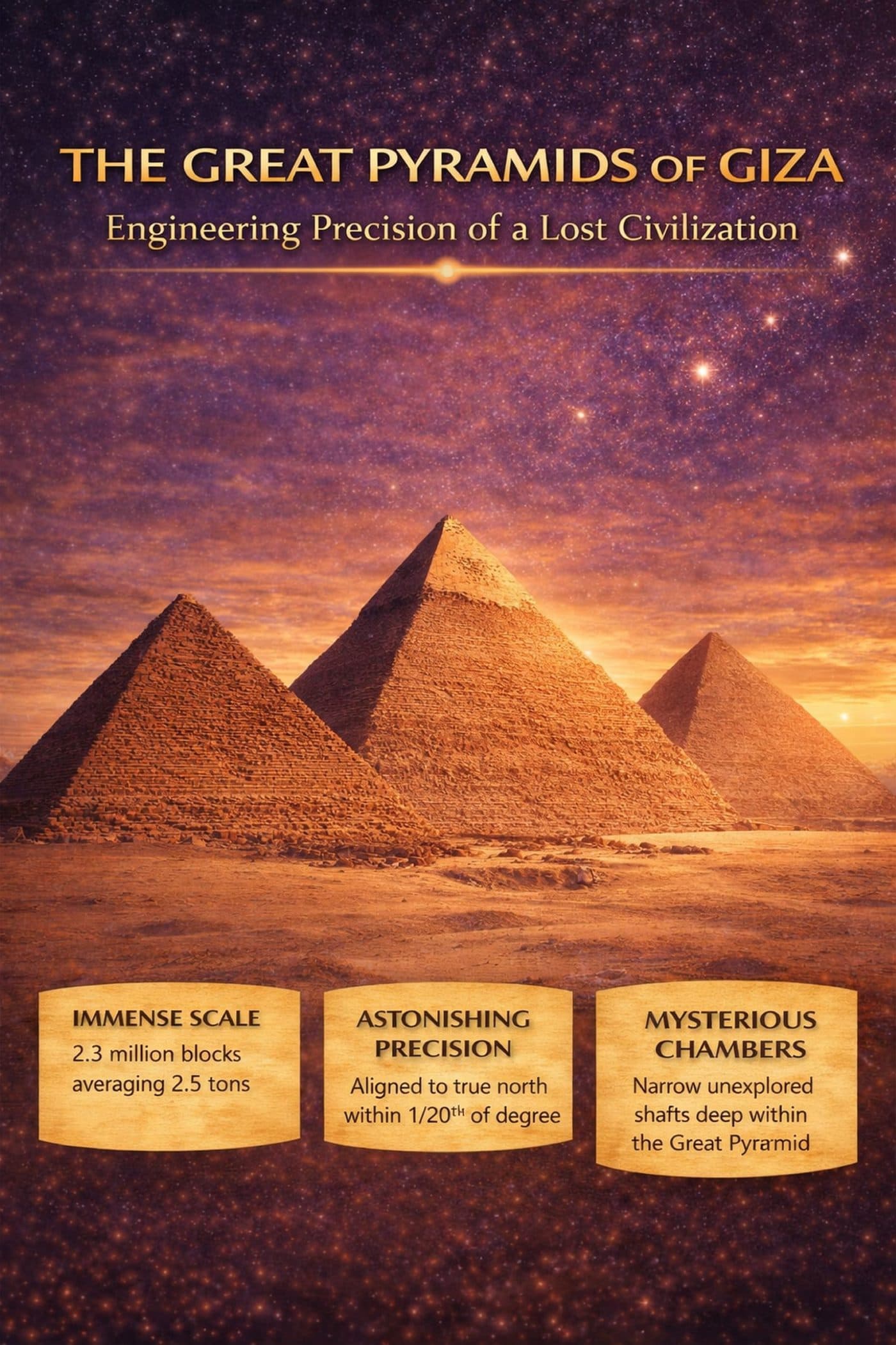 The Great Pyramids of Giza — Engineering Precision of a Lost Civilization: immense scale (2.3 million blocks averaging 2.5 tons), astonishing precision (aligned to true north within 1/20th of a degree), and mysterious chambers (narrow unexplored shafts deep within the Great Pyramid).