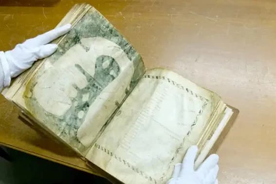 City of Albi photograph of manuscript 29 opened to the eighth-century Mappa Mundi; a contextual view of the original, not a flat scan.