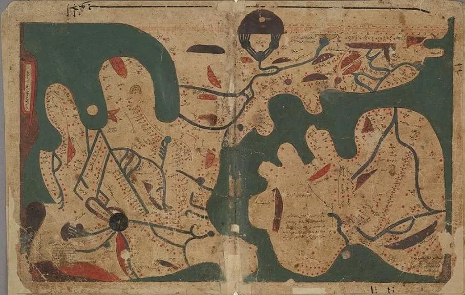 Rectangular world map at folios 23b-24a of Bodleian MS Arab. c. 90; proof image reproduced by Muslim Heritage with Bodleian credit.