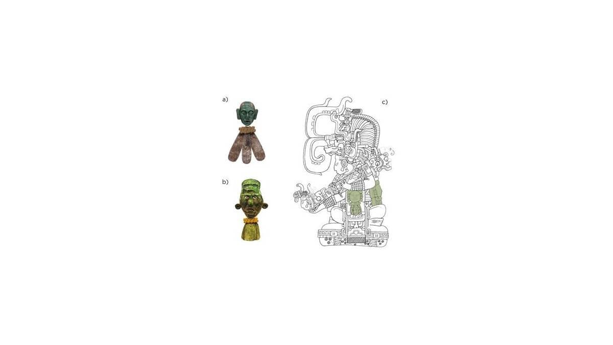 Diagram of Calakmul mosaic pieces: a green stone face with pendants, a reconstructed figure, and a Maya ruler wearing a belt.