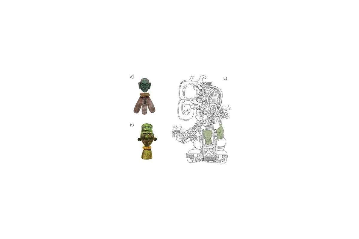 Diagram of Calakmul mosaic pieces: a green stone face with pendants, a reconstructed figure, and a Maya ruler wearing a belt.