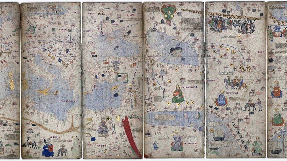 Overview reproduction of the 1375 Catalan Atlas, BnF Espagnol 30; panel inscriptions require the keeper scans.