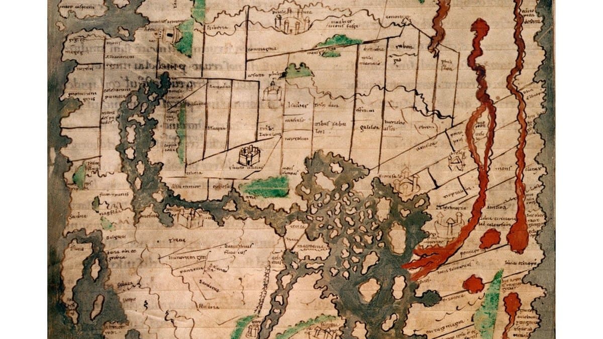 World map on folio 56v of British Library Cotton MS Tiberius B V/1, reproduced by the British Library shop; consult the manuscript catalog for its bound context.