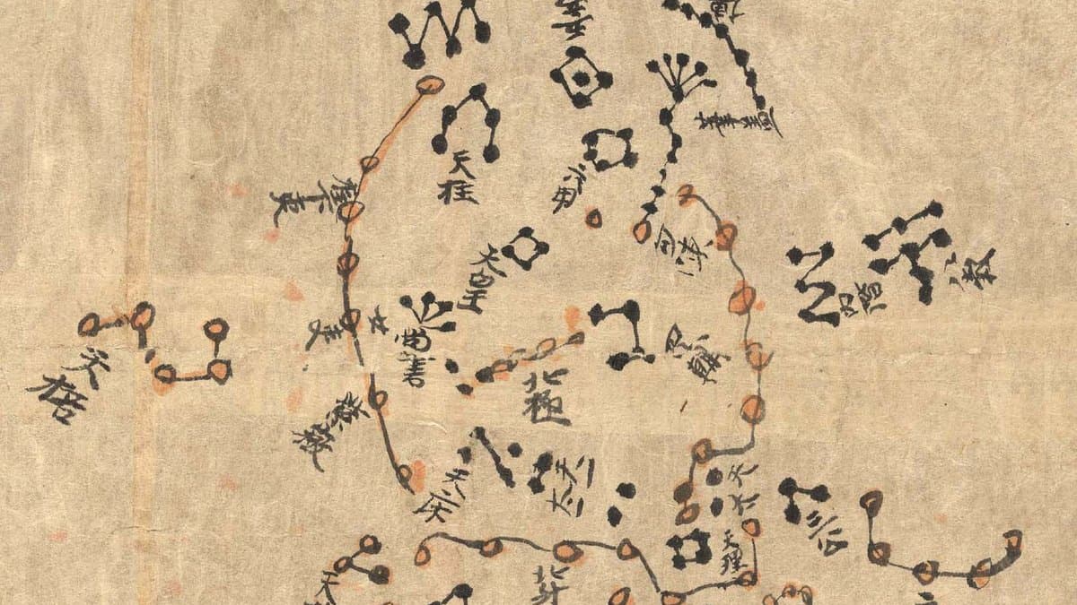 Close detail of the Dunhuang Star Atlas Or.8210/S.3326, reproduced by the CEA research team; see IDP for the full scroll.