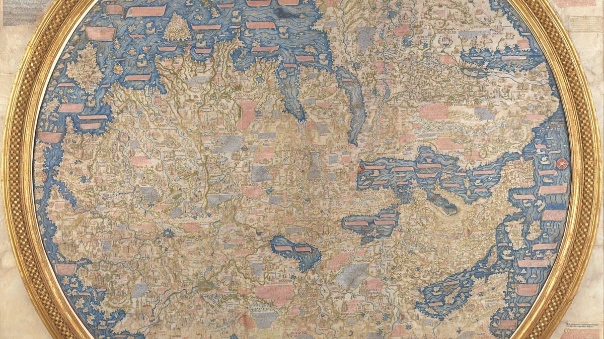High-resolution photographic reproduction of Fra Mauro’s c. 1450 world map, original held by the Biblioteca Marciana.