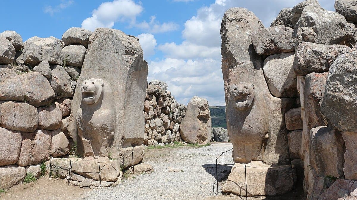 Pair of carved stone lions framing the ancient Lion Gate at Hattusa.