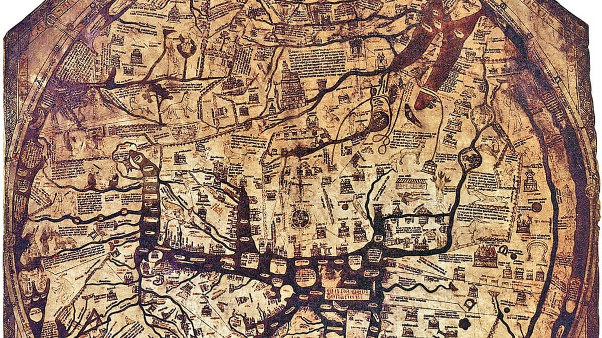 The Hereford Mappa Mundi, c. 1300, held by Hereford Cathedral; published whole-map reproduction.