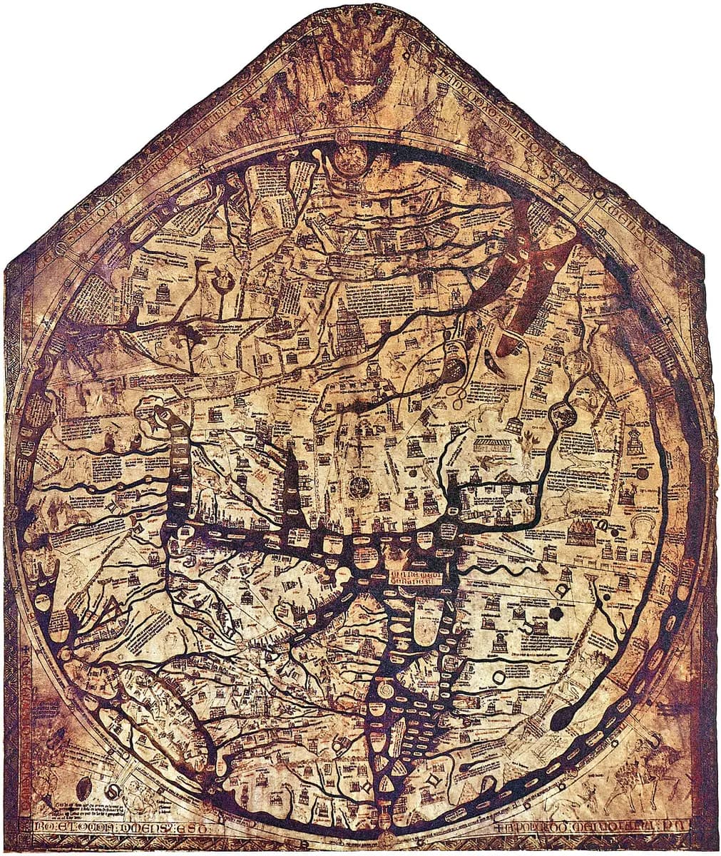 The Hereford Mappa Mundi, c. 1300, held by Hereford Cathedral; published whole-map reproduction.