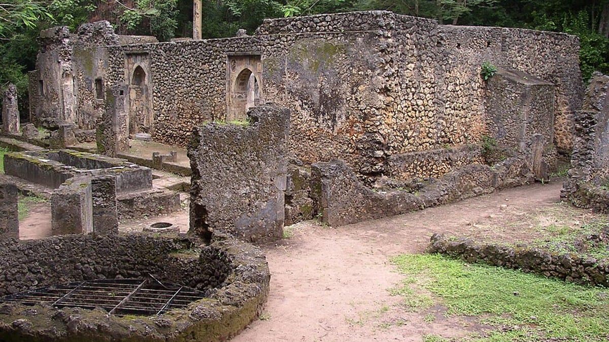 Coral-stone walls and arches of the Great Mosque at Gedi within coastal forest.