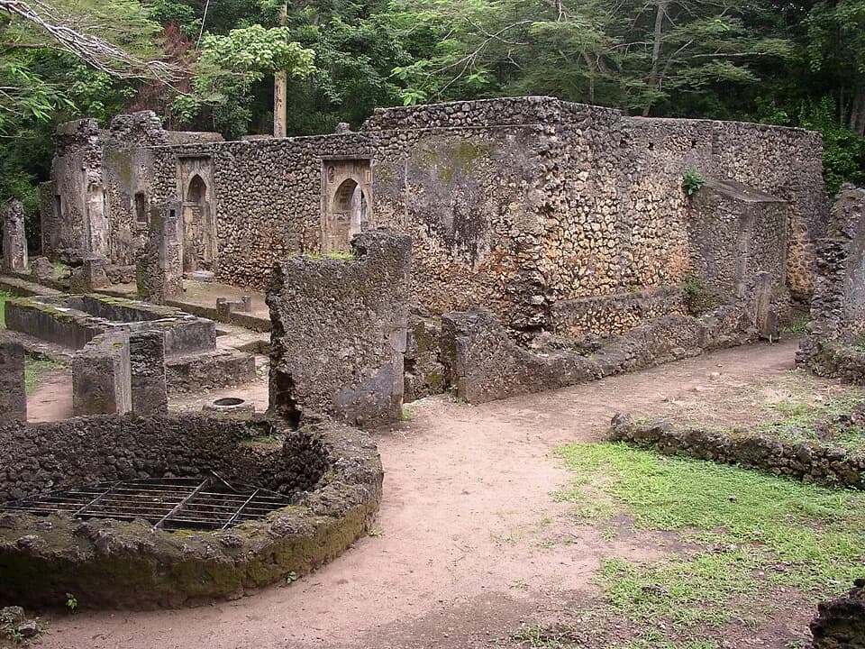 Coral-stone walls and arches of the Great Mosque at Gedi within coastal forest.