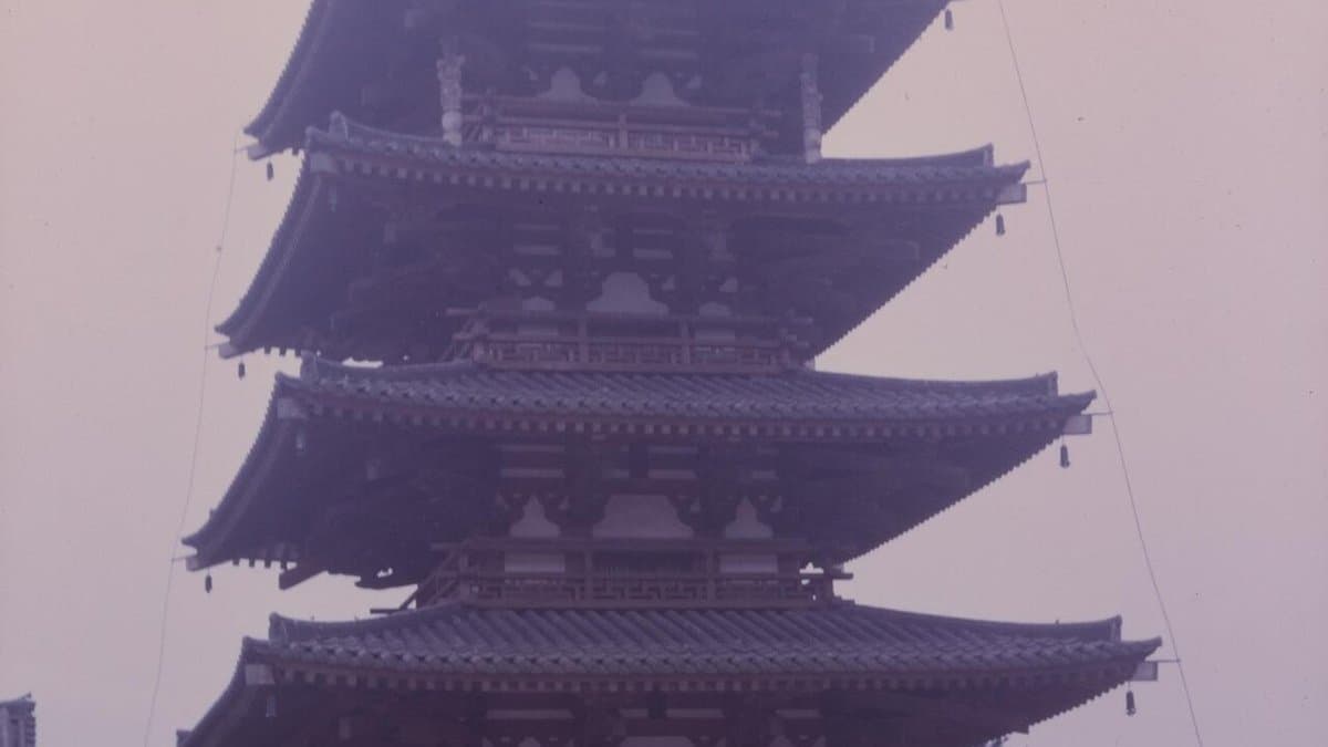 Five-tier wooden pagoda at Hōryū-ji temple in Japan.