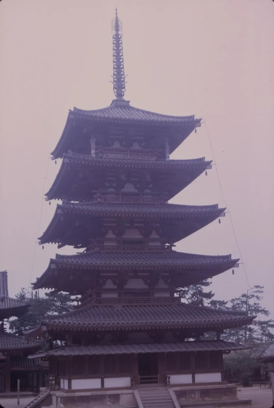 Five-tier wooden pagoda at Hōryū-ji temple in Japan.