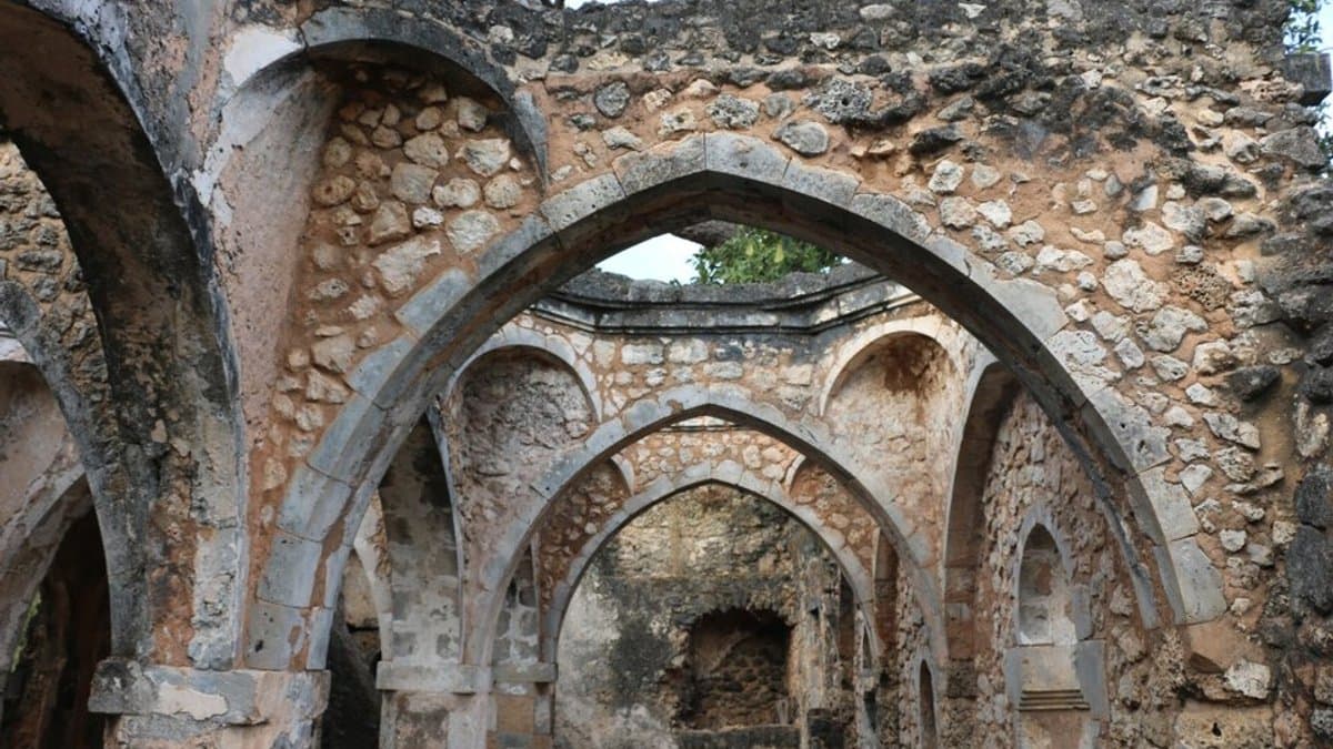 Interior view of the Great Mosque of Kilwa, Kilwa Kisiwani Ruins, Tanzania