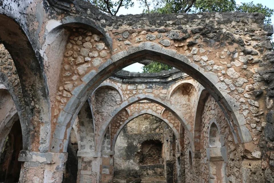 Interior view of the Great Mosque of Kilwa, Kilwa Kisiwani Ruins, Tanzania