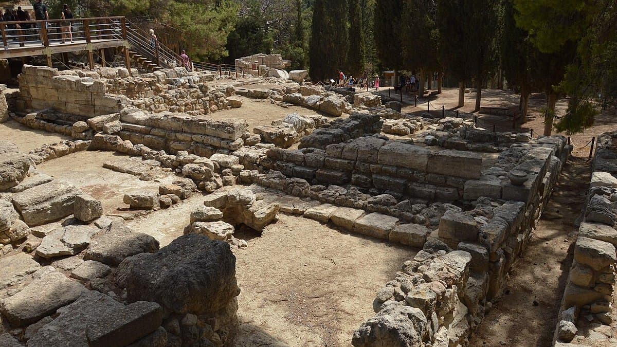 Ruins and restored elements at the Minoan palace site of Knossos.