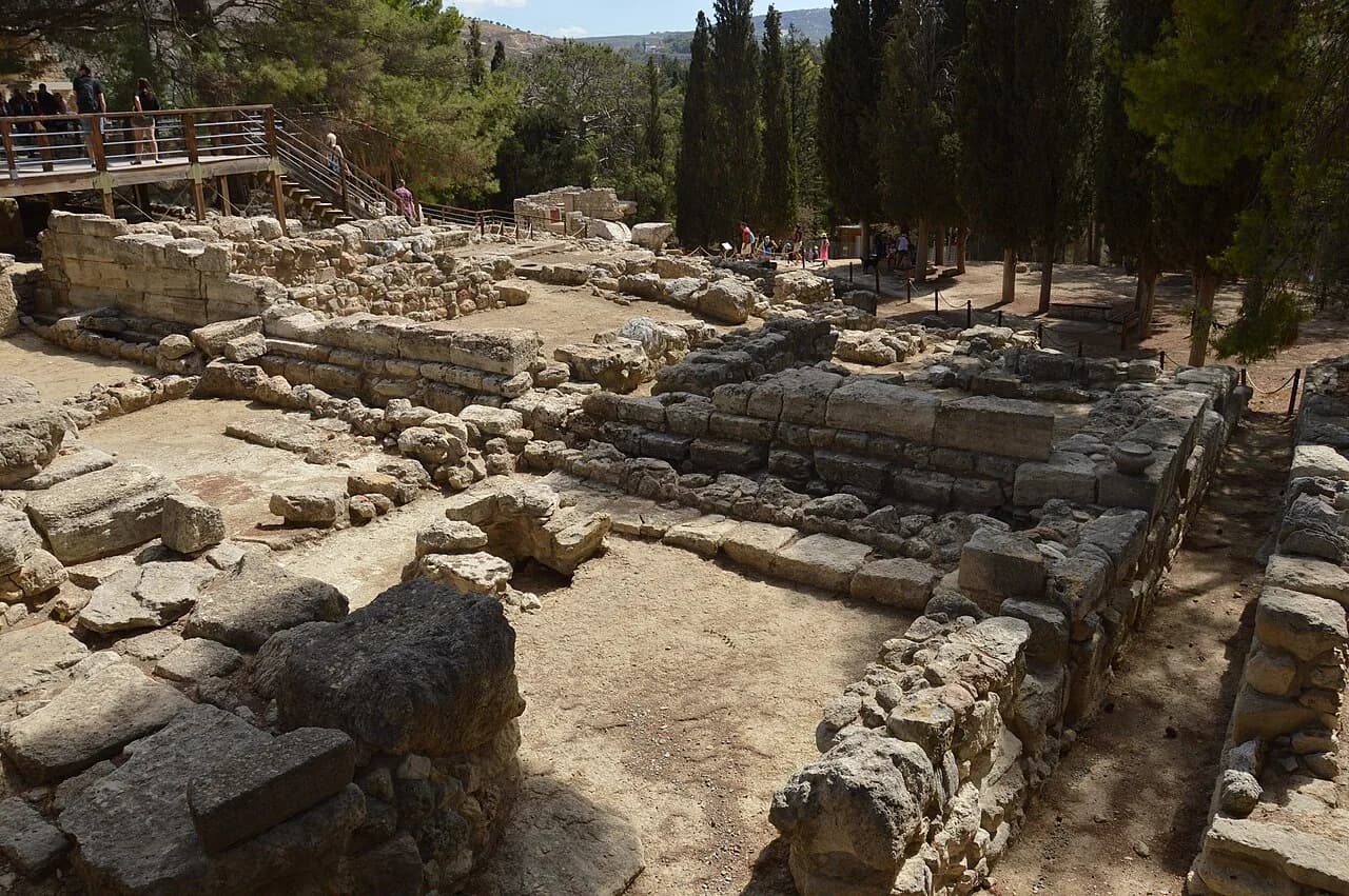 Ruins and restored elements at the Minoan palace site of Knossos.
