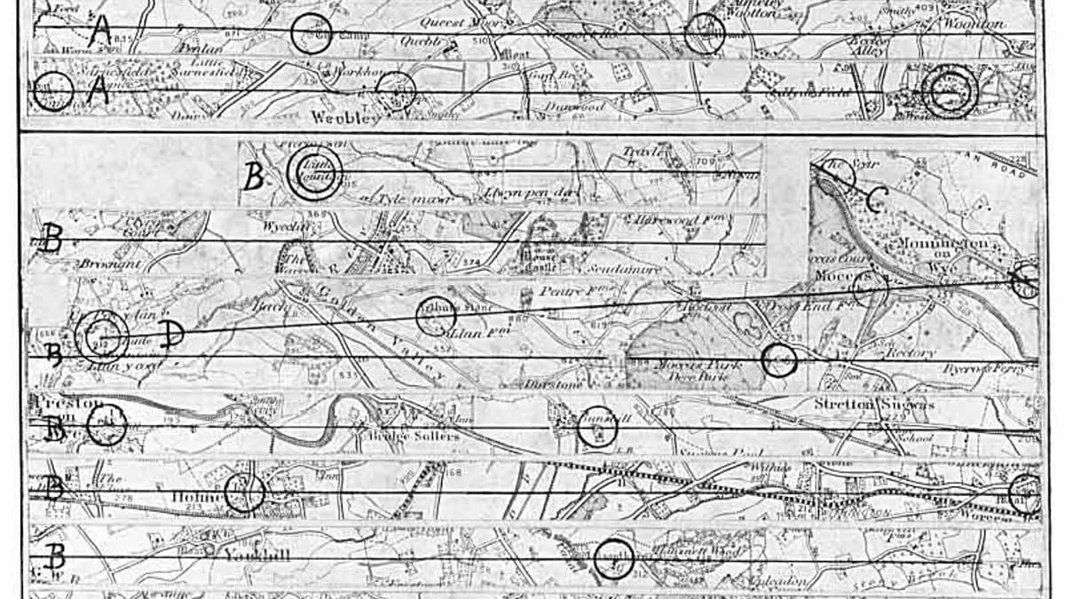 Historical map with two straight proposed routes drawn through marked landscape features.