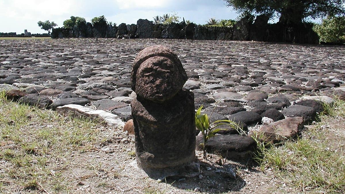 Stone pavement and standing stone at Taputapuātea on Ra’iātea.