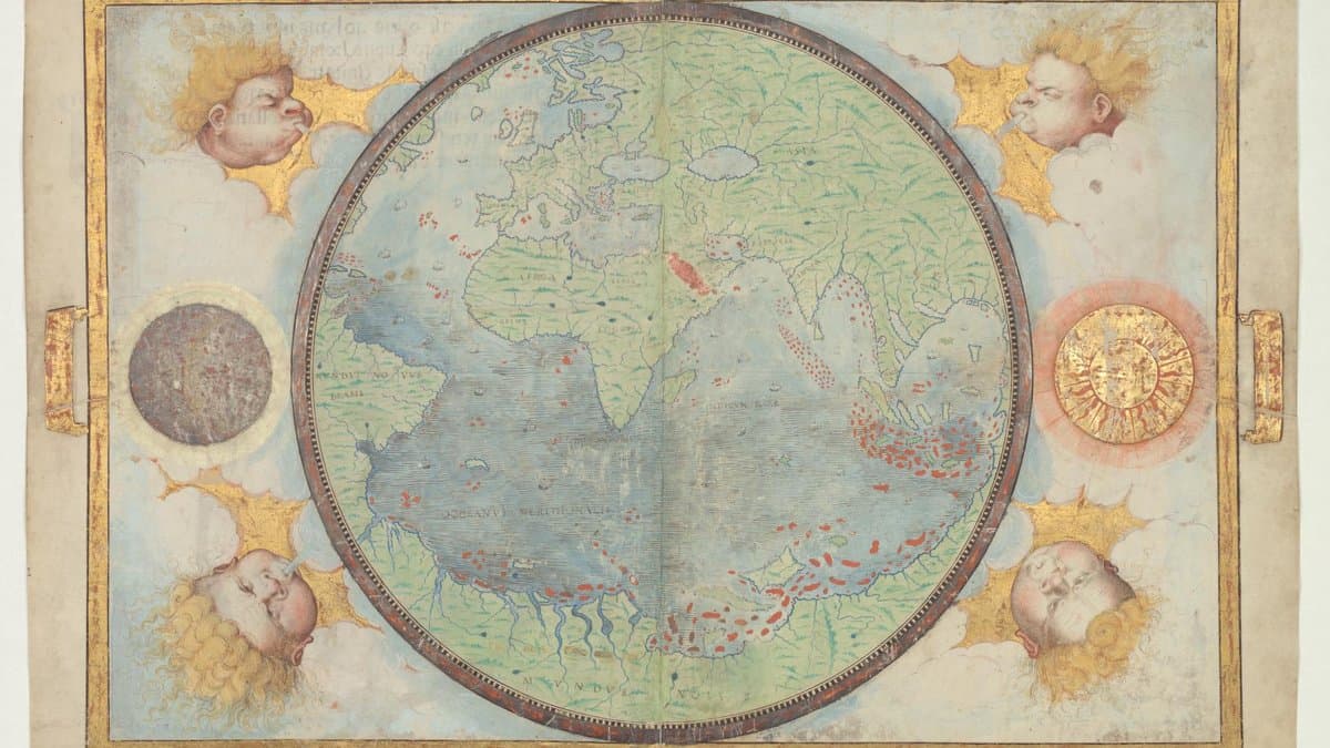 Miller Atlas folio 1 recto, Portuguese hemisphere and title page, 1519; BnF original, LOC digital item.