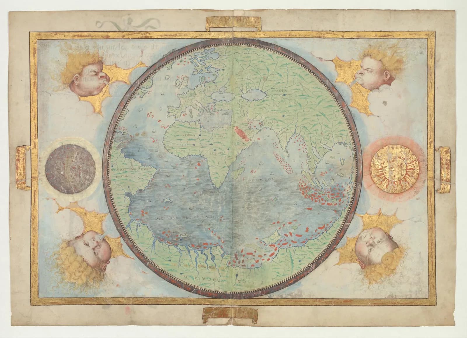 Miller Atlas folio 1 recto, Portuguese hemisphere and title page, 1519; BnF original, LOC digital item.