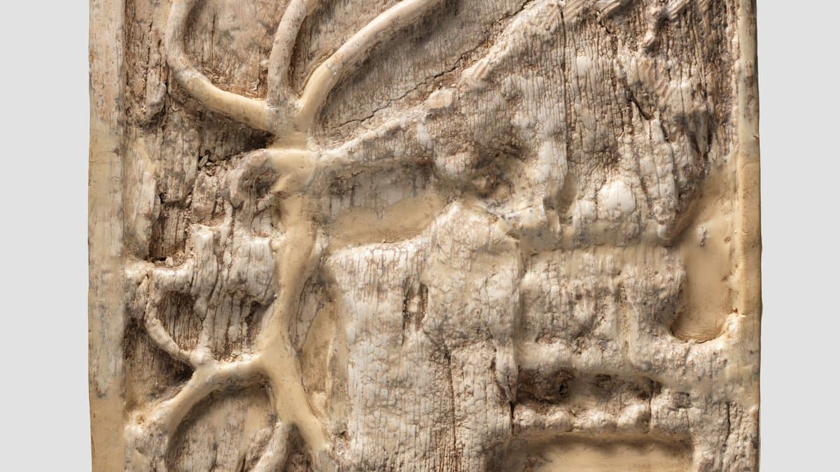 Worn ivory panel carved with a seated woman holding a stalk that curls into tendrils.