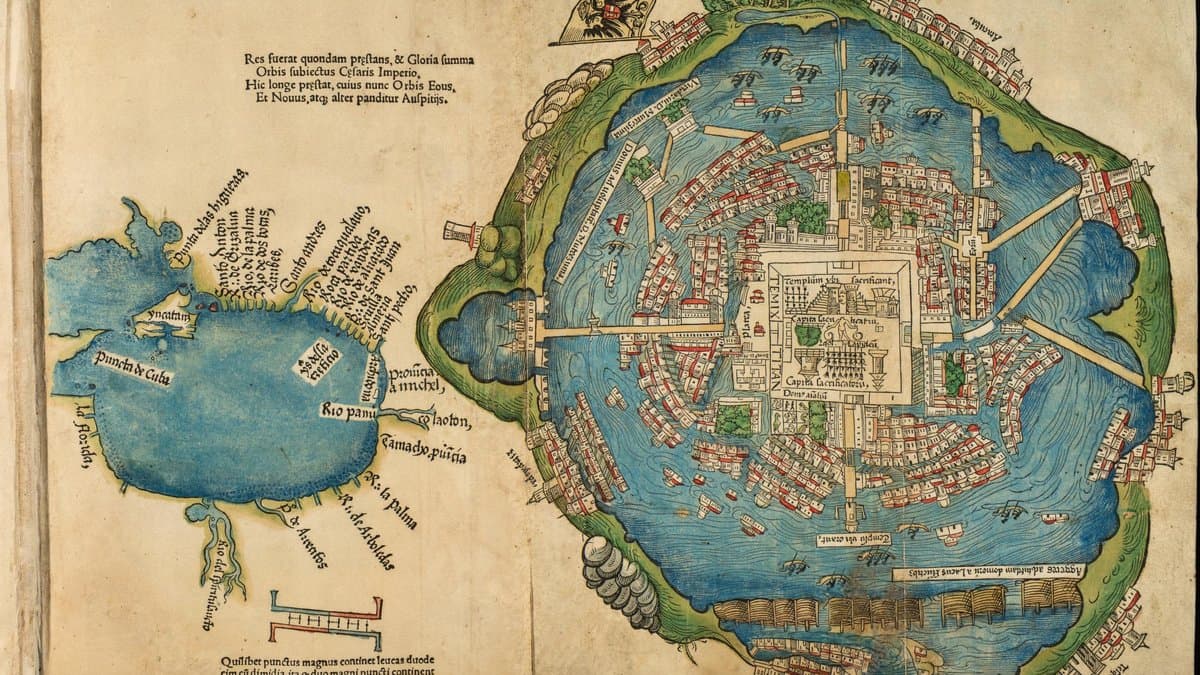 Woodcut plan of Temixtitan (Mexico-Tenochtitlan) in the 1524 Nuremberg printing of Cortes’s Second Letter; Newberry Library copy digitized by LOC.