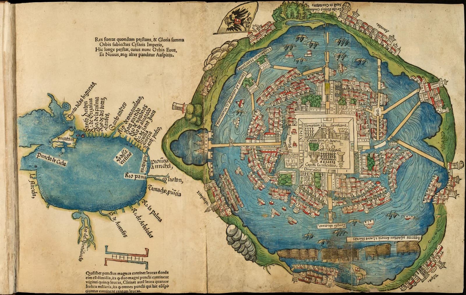 Woodcut plan of Temixtitan (Mexico-Tenochtitlan) in the 1524 Nuremberg printing of Cortes’s Second Letter; Newberry Library copy digitized by LOC.