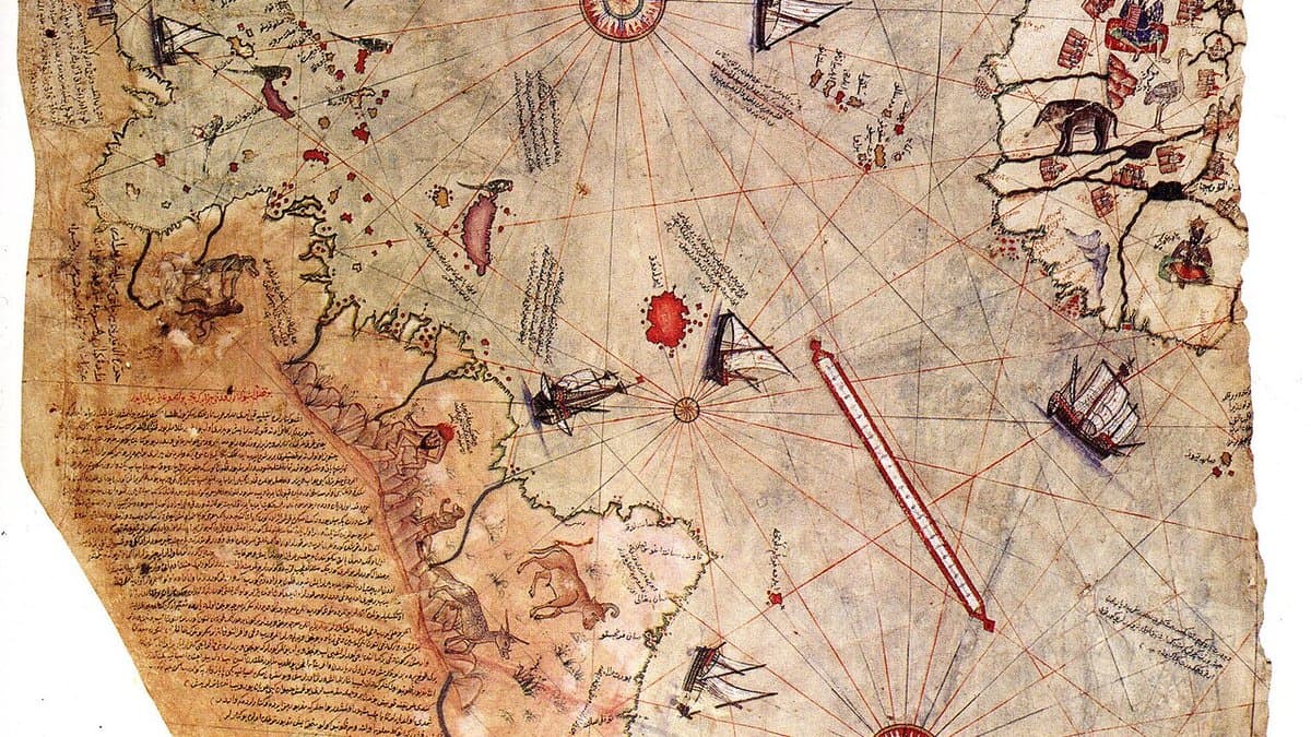 Surviving fragment of Piri Reis’s 1513 chart, original in the Topkapi Palace collection.