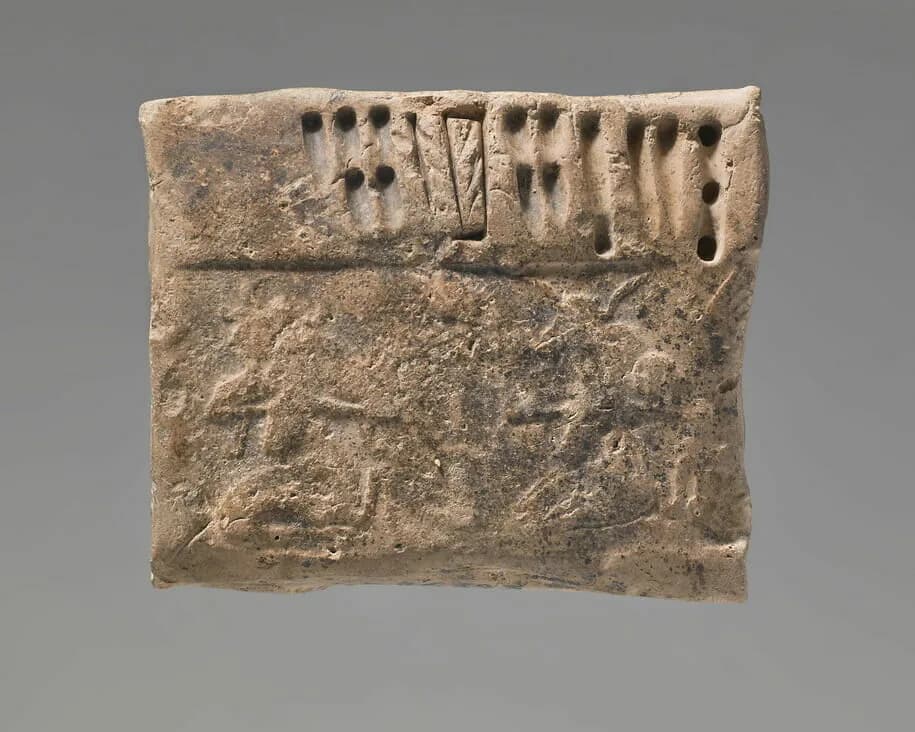Small clay tablet bearing impressed signs and numerical marks.