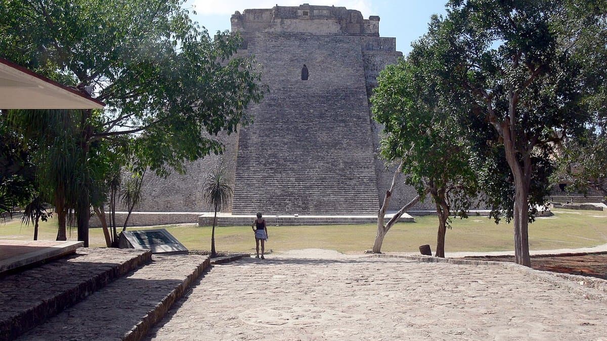 Rounded, stepped Pyramid of the Soothsayer rising above the Uxmal archaeological site.