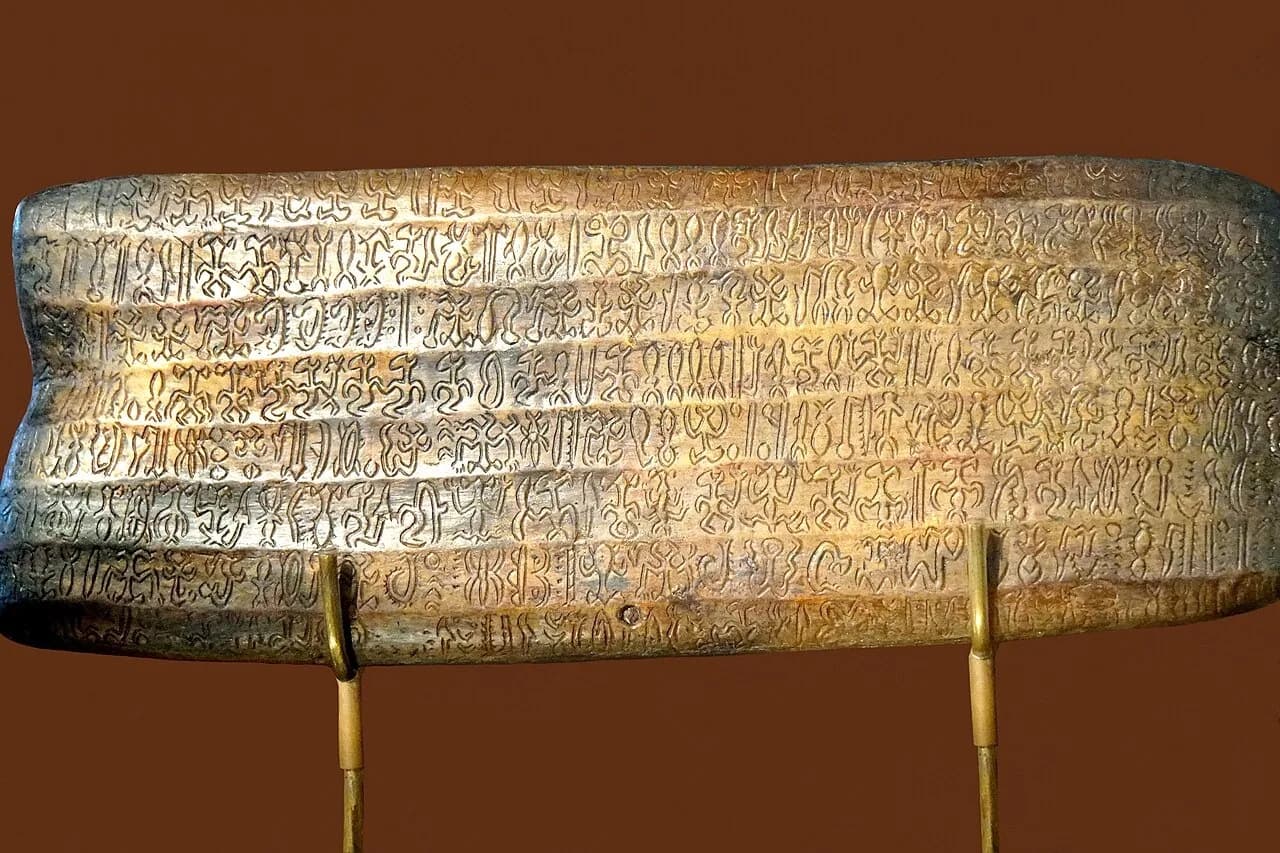 Carved signs in rows on a modern wooden reproduction of a rongorongo tablet.