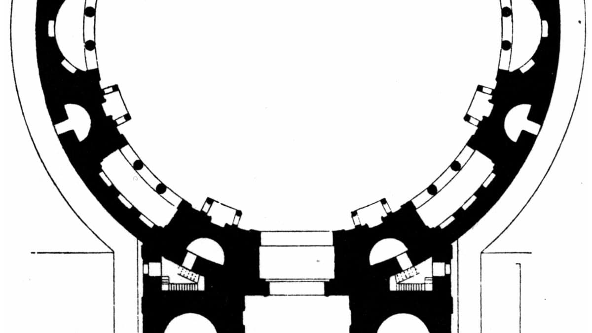 Historical printed floor plan showing the circular Pantheon rotunda and rectangular entrance.