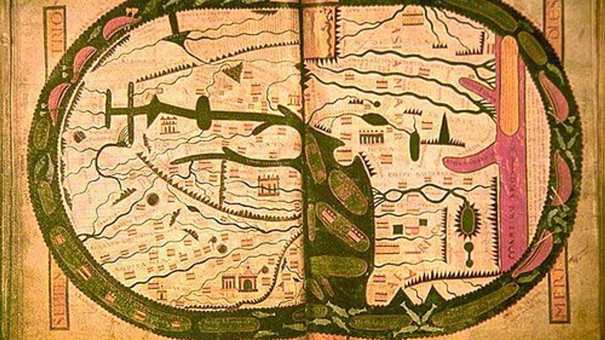 Saint-Sever Beatus world map in BnF Latin 8878, shown in a low-resolution working reproduction.