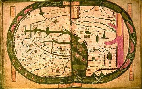 Saint-Sever Beatus world map in BnF Latin 8878, shown in a low-resolution working reproduction.