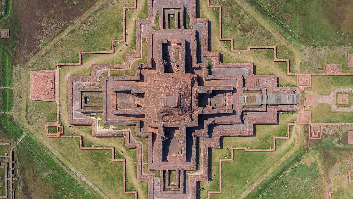 Aerial view of the central brick shrine and square monastic enclosure at Paharpur.