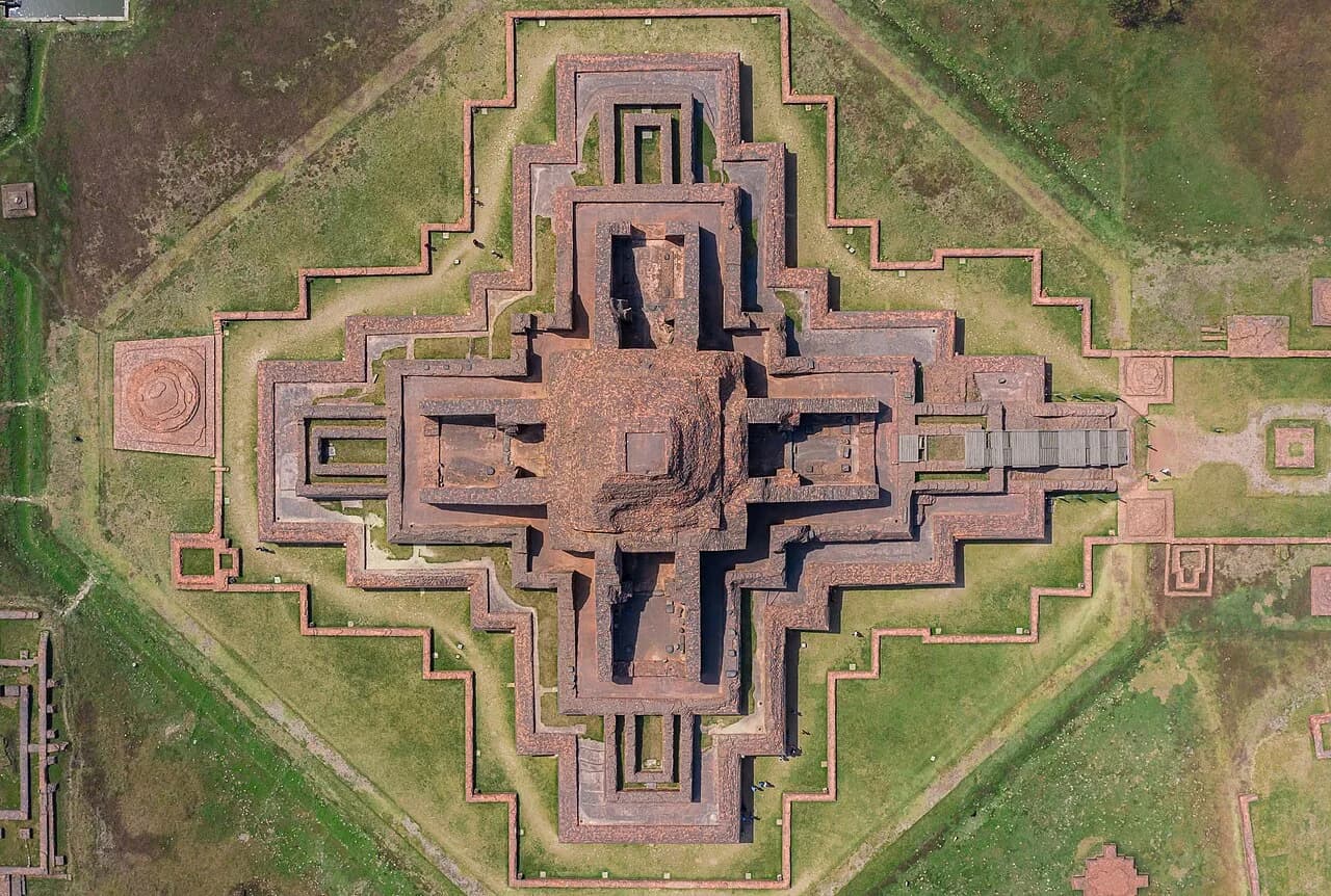 Aerial view of the central brick shrine and square monastic enclosure at Paharpur.