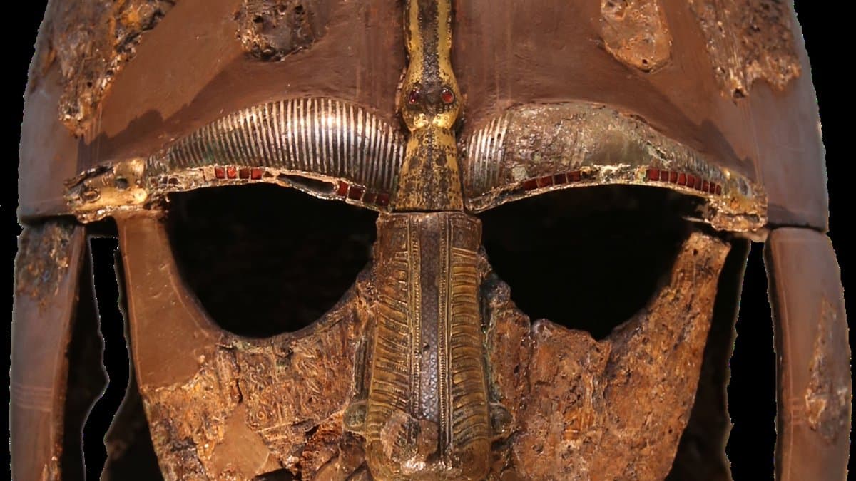 Photo of the Sutton Hoo helmet from the front in 2015