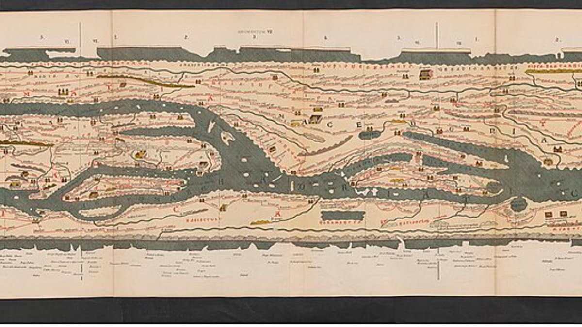 Konrad Miller reproduction of the medieval Tabula Peutingeriana; the pictured roll is a reproduction, not the Vienna parchment itself.