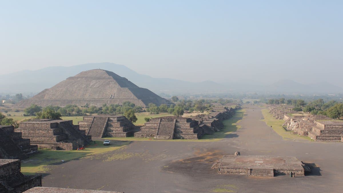 Pyramid of the Sun beyond the long central avenue at Teotihuacan.