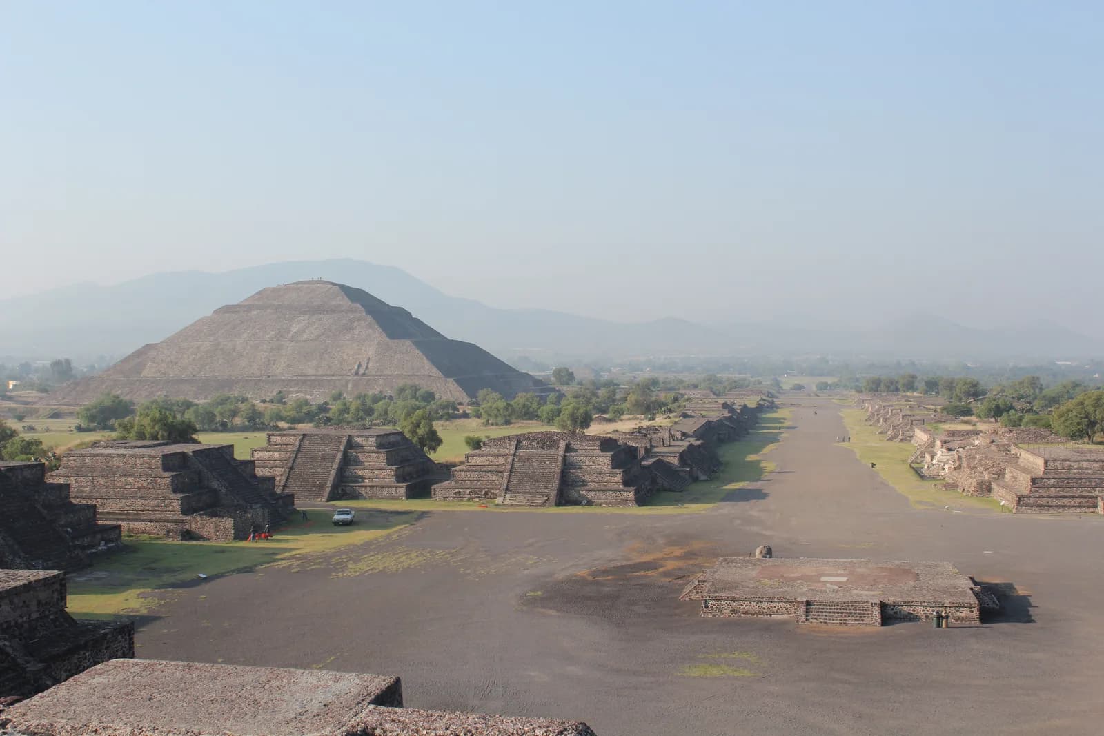 Pyramid of the Sun beyond the long central avenue at Teotihuacan.