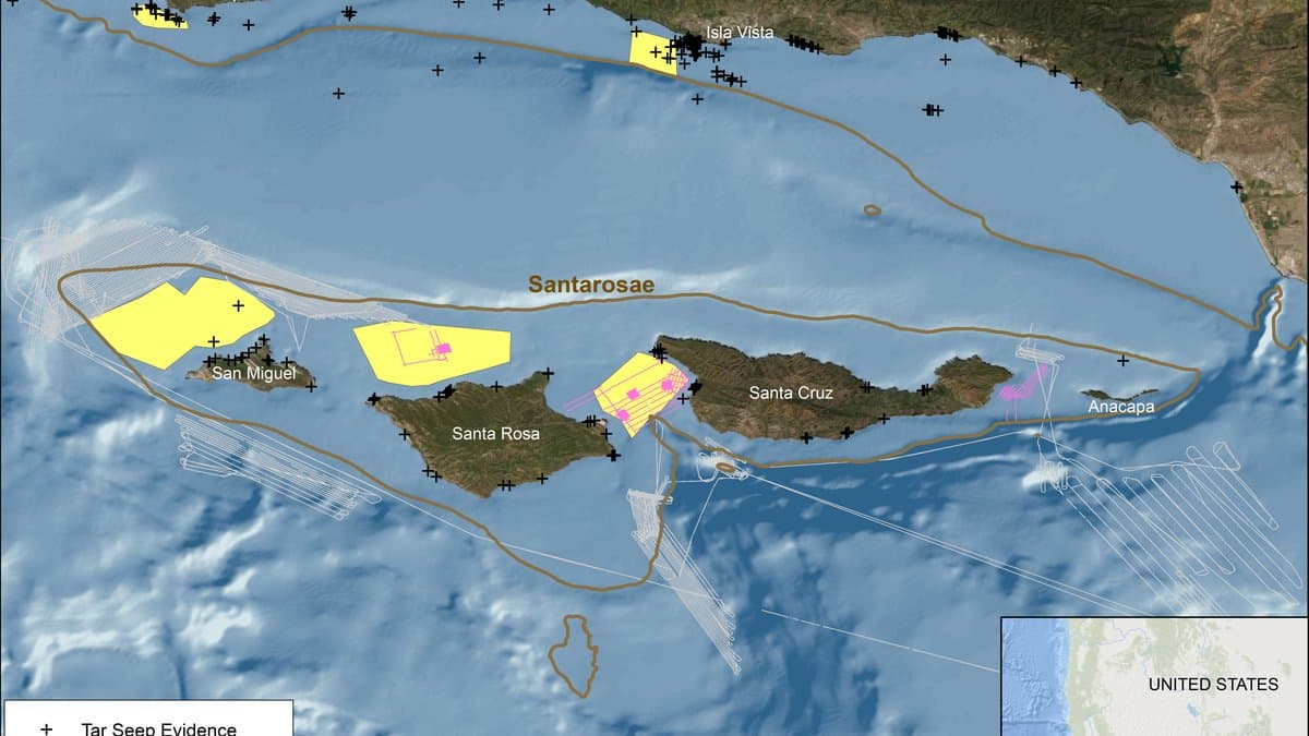 Regional map of southern California and offshore islands with former land extent and survey areas marked.