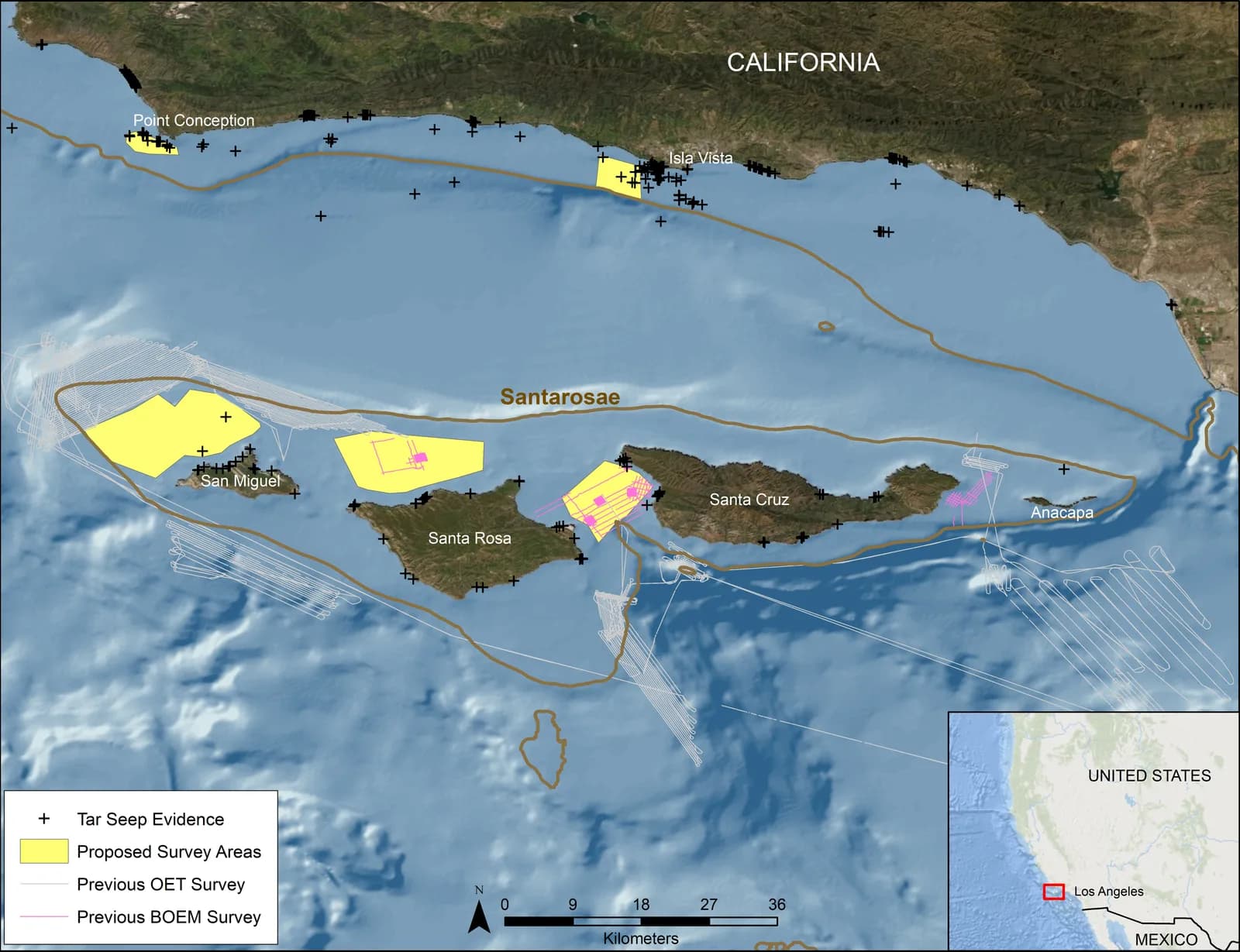 Regional map of southern California and offshore islands with former land extent and survey areas marked.