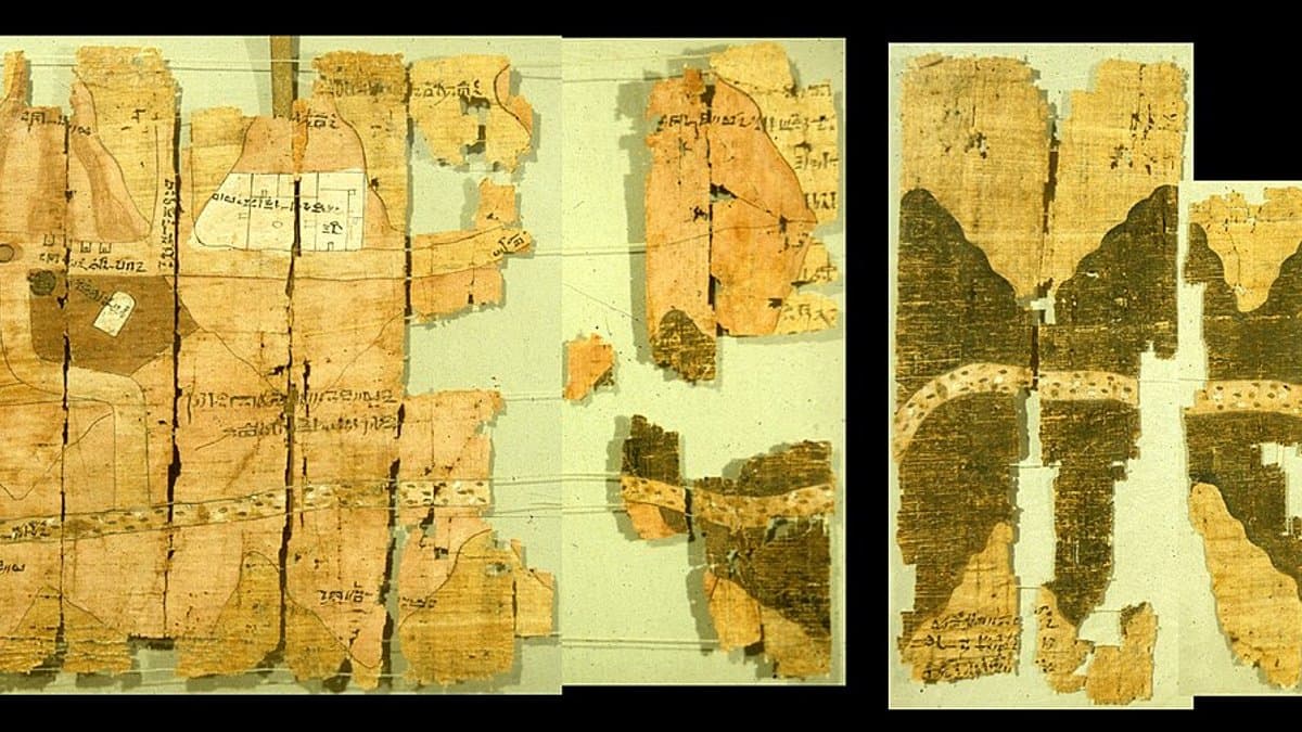 Reconstructed view of the fragmentary Turin Papyrus Map; Museo Egizio papyrus collection.