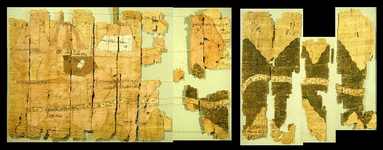 Reconstructed view of the fragmentary Turin Papyrus Map; Museo Egizio papyrus collection.