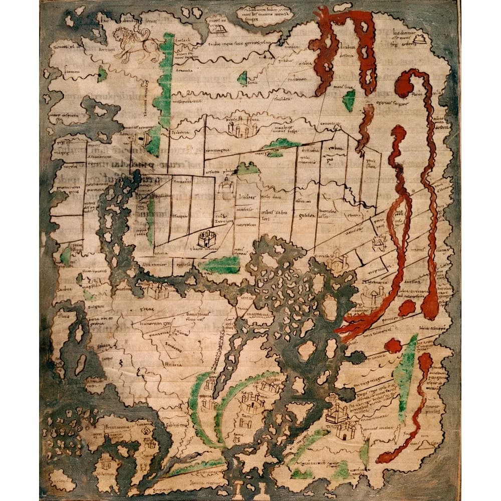 World map on folio 56v of British Library Cotton MS Tiberius B V/1, reproduced by the British Library shop; consult the manuscript catalog for its bound context.
