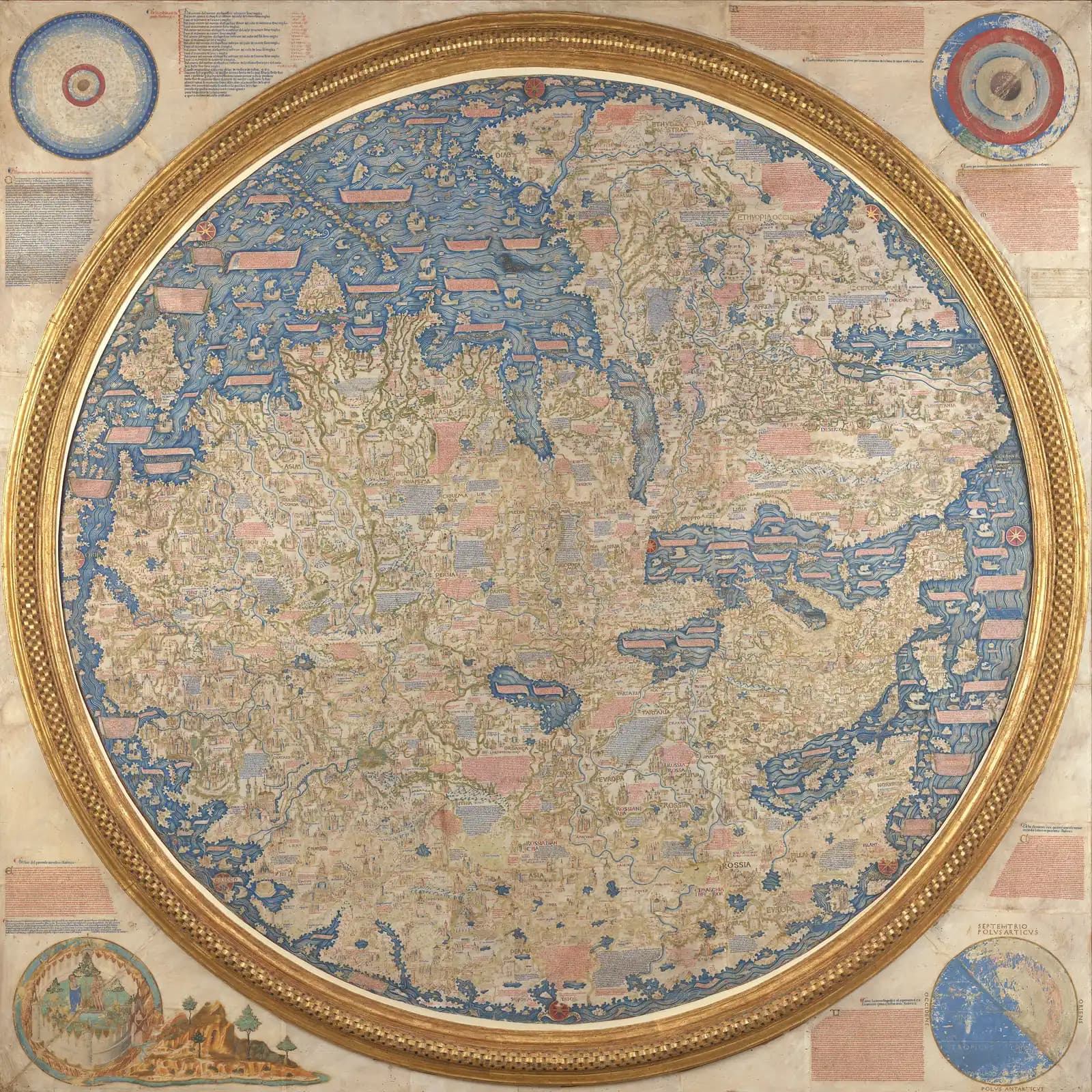 High-resolution photographic reproduction of Fra Mauro’s c. 1450 world map, original held by the Biblioteca Marciana.