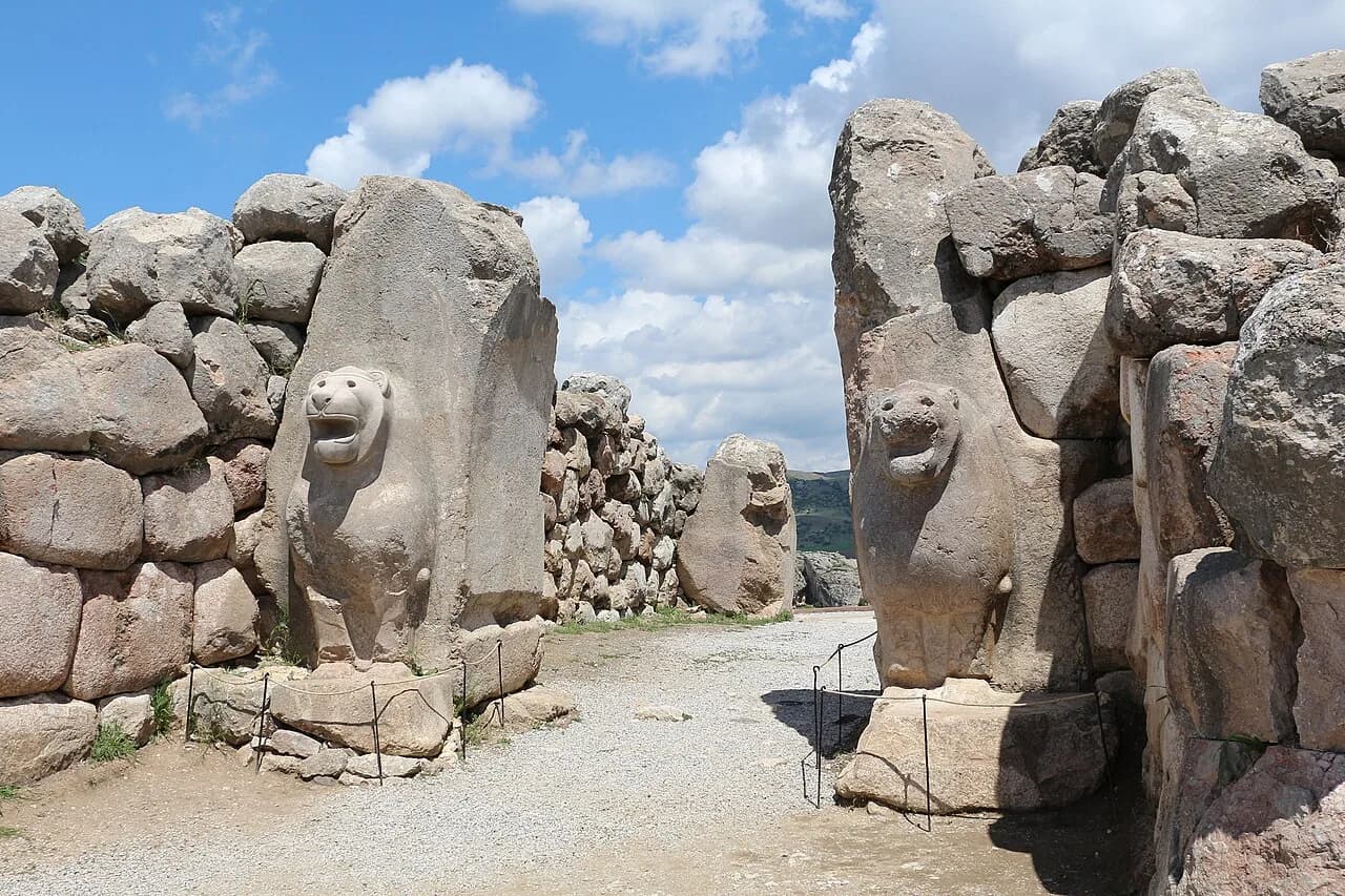 Pair of carved stone lions framing the ancient Lion Gate at Hattusa.