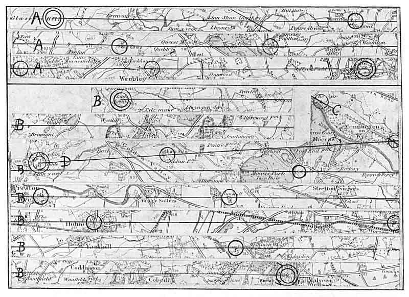 Historical map with two straight proposed routes drawn through marked landscape features.