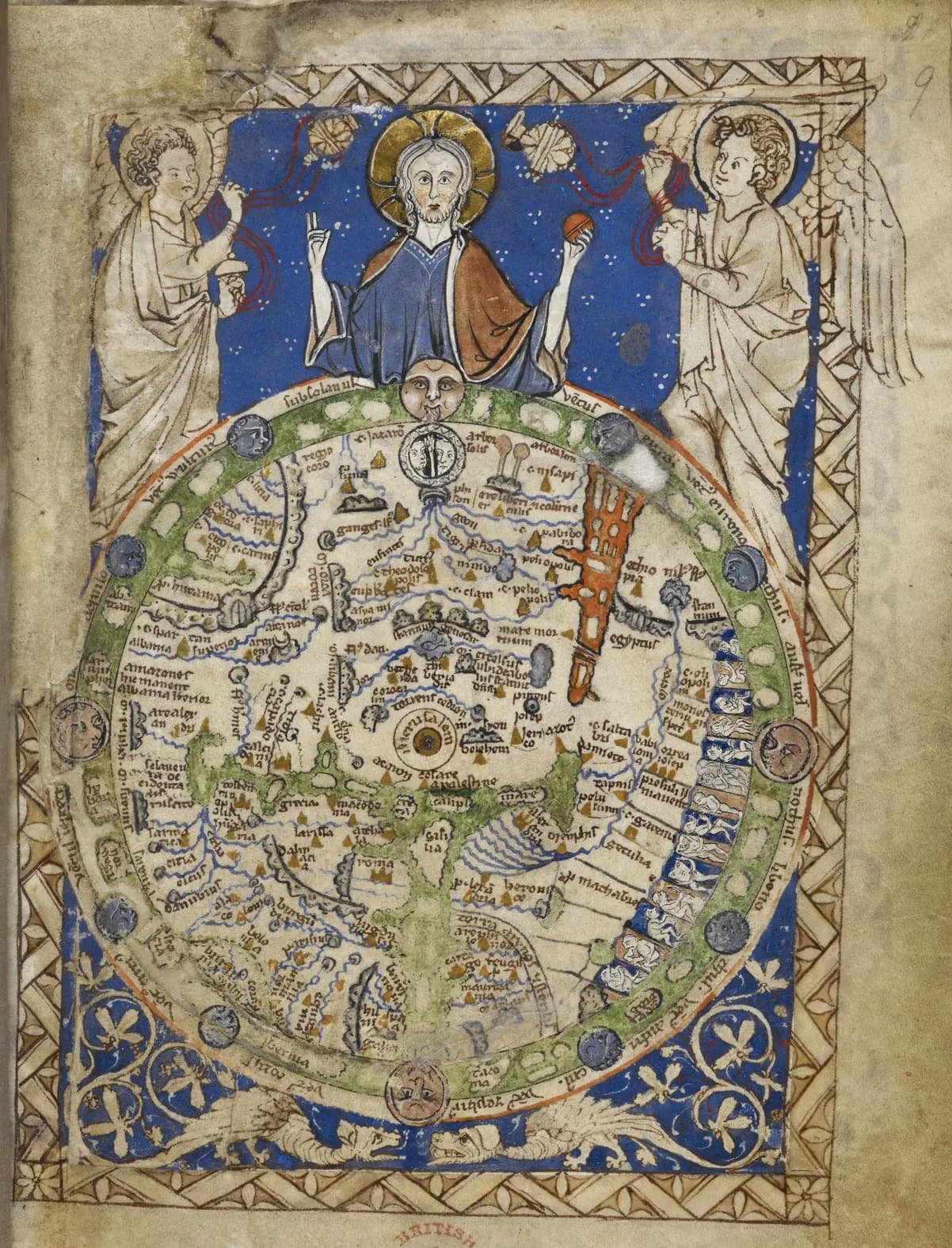 World-map folio 9r of British Library Add MS 28681, the Map Psalter.
