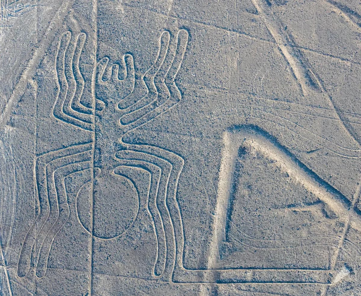 Aerial view of the Spider geoglyph traced across the Nazca desert.